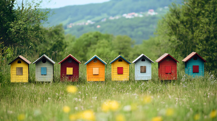 Meadow with wooden bee house in nature summer, flower beekeeping apiculture farm, insect beehive honey rural, natural, animal, tree