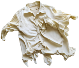 Torn shirt in isolated hole, featuring poor damage shabby ripped worn old, with dirty top view background and white style texture man fashion
