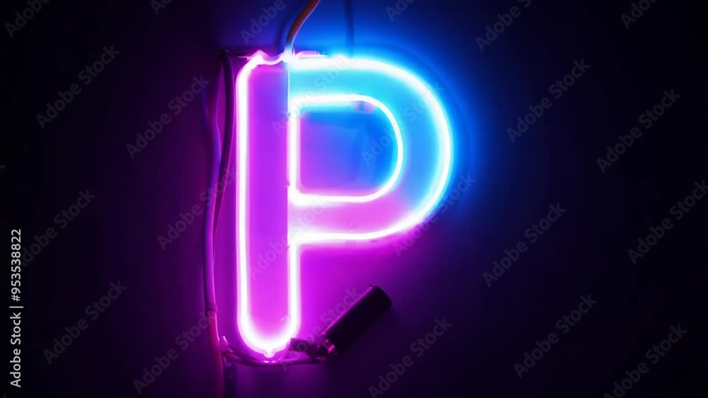 Poster neon light character p glowing brightly in a dark setting generative ai