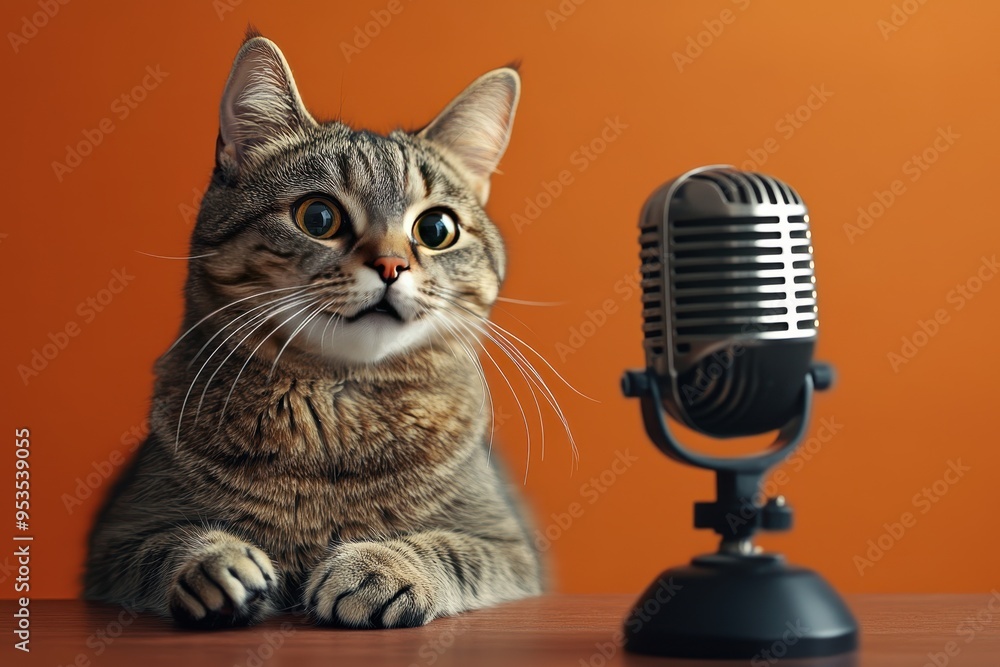 Poster a cat is sitting on a table with a microphone in front of it