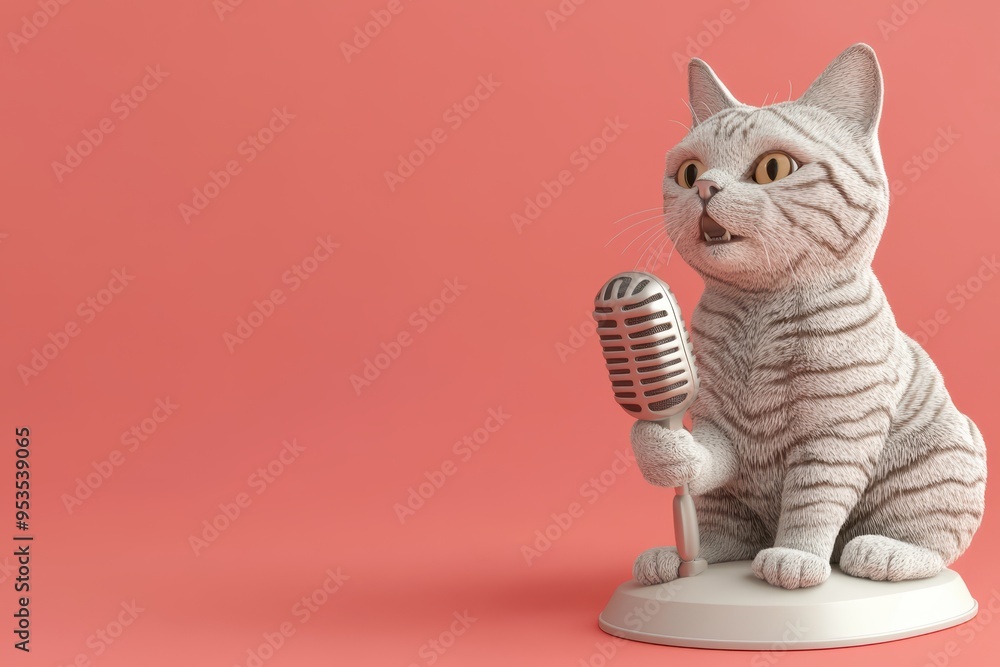 Poster a cat is sitting on a table with a microphone in front of it