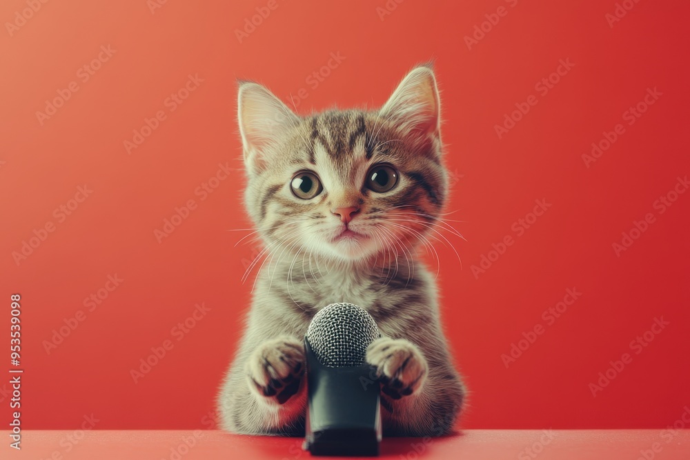 Poster a cat is sitting on a table with a microphone in front of it