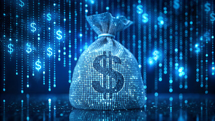 digital money bag with dollar sign on it, blue background with glowing binary code patterns around the bag Generative AI