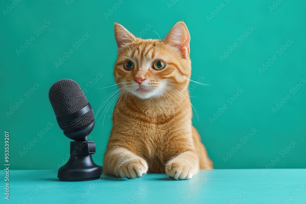 Poster a cat is sitting on a table with a microphone in front of it