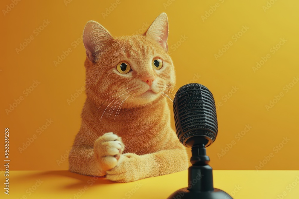 Poster a cat is sitting on a table with a microphone in front of it
