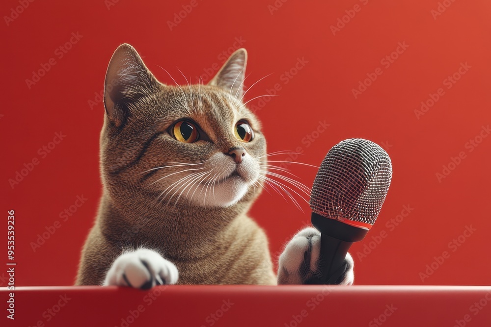 Poster a cat is sitting on a table with a microphone in front of it