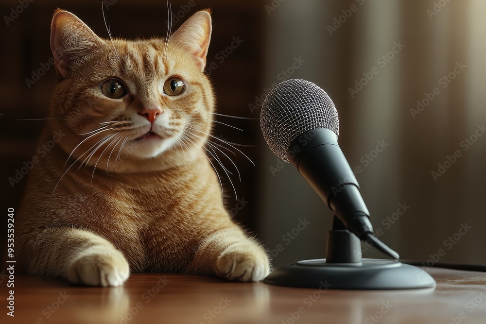 Poster a cat is sitting on a table with a microphone in front of it