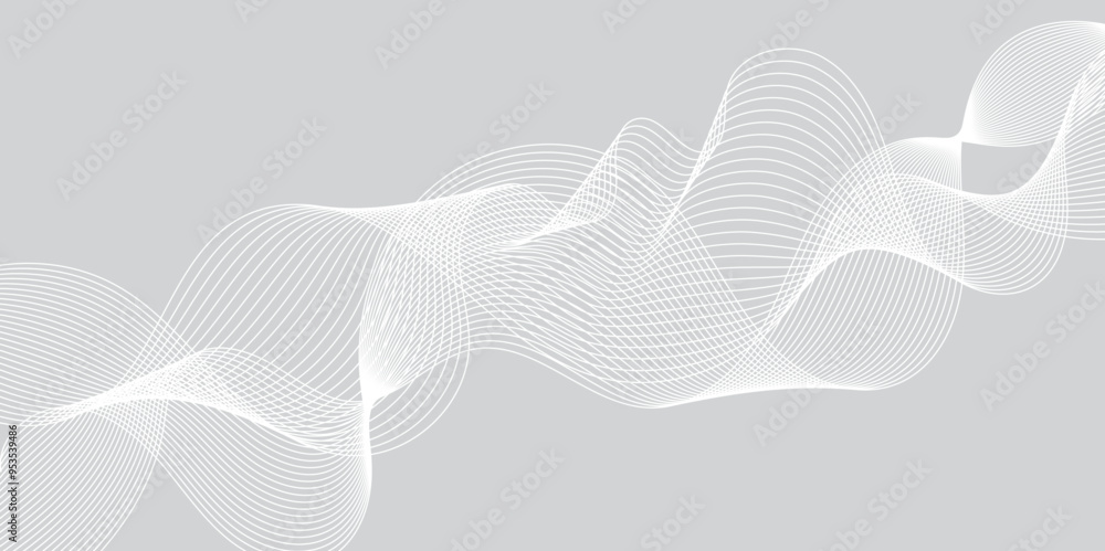 Fototapete Abstract grey, white smooth element swoosh speed wave modern stream background. Wave with lines created using blend tool. Abstract frequency sound wave lines and twisted curve lines background.	