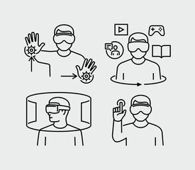 Person Using Virtual Reality Glasses Vector Line Icons