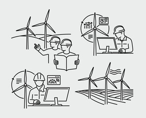 Engineers Designing Models of Wind Turbines Vector Line Icons