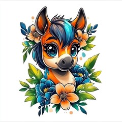 Fototapeta premium Cute Cartoon Okapi with Flowers