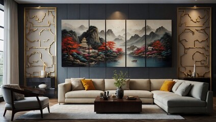 A large oriental wall painting enriching the living room with elegance and cultural depth.