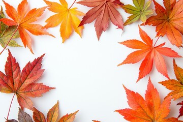 Fototapeta premium Autumn Maple Leaves Flat Lay White Background created with Generative AI