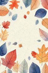 A collection of autumn leaves in warm shades of orange, red, and blue, delicately arranged on a light textured background.