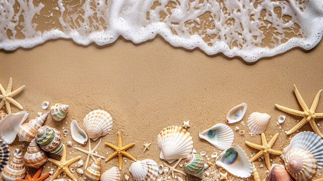 Travel rest, holiday vacation rest advertisement concept. Ocean water top view of shells seashell with copy paste empty place for text on beach sand in summer time