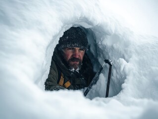 Man Sheltering in Snow Cave During Winter Expedition with Ice Axe and Frosty Beard