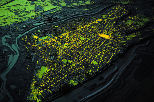 Technical aerial visual, 3D LiDAR GIS aerial map satellite scan model isolated, showing Patna, India. Elevation, topography, render