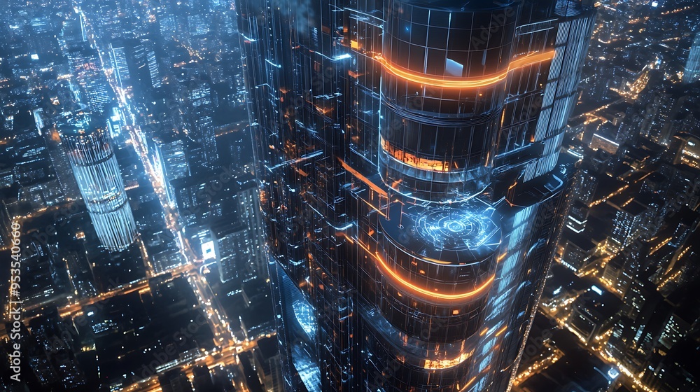 Poster office tower with futuristic workspaces and advanced smart building technologies