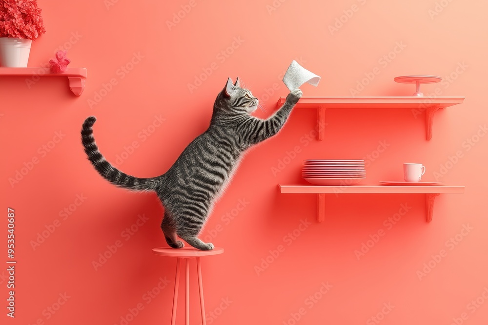 Poster a cat is standing on a stool and reaching for a paper on a shelf