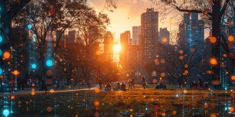 Naklejka premium People enjoying a sunset in a city park with a futuristic digital overlay