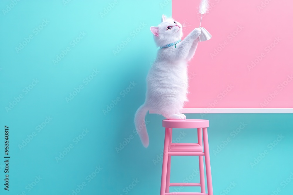 Poster a cat is standing on a stool and reaching for a paper on a shelf