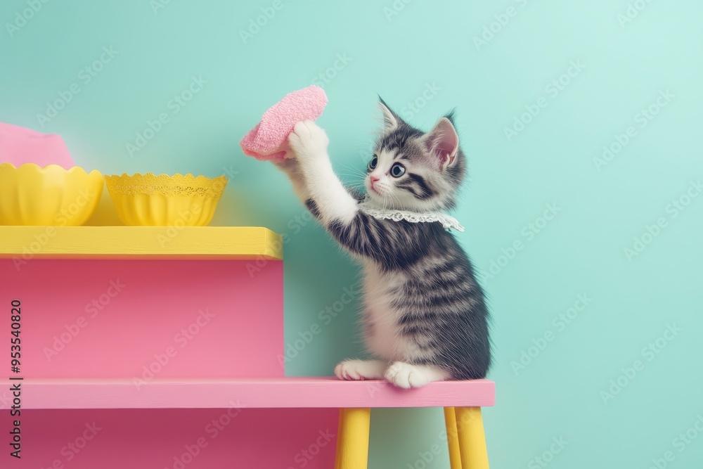 Poster a cat is standing on a stool and reaching for a paper on a shelf