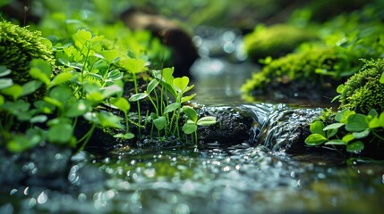 Waterfall with small green plants in the forest. Shallow depth of field.