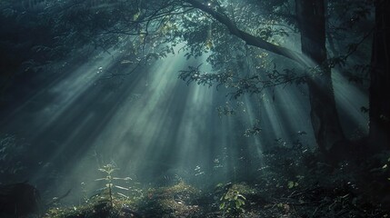 Obraz premium Sunbeams breaking through the dense canopy of a misty forest, illuminating the forest floor.