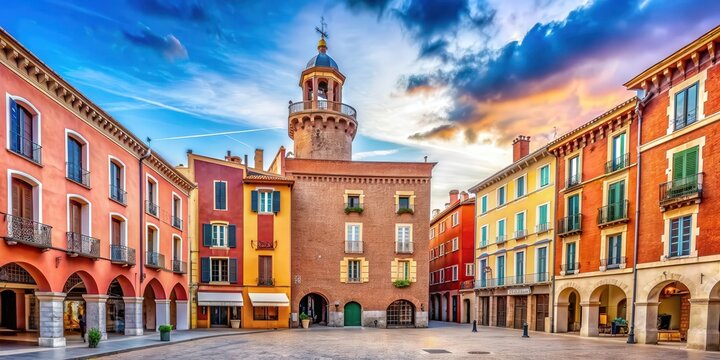 Historic Castillet of Perpignan in France with colorful facade and clock tower , Perpignan, France, Castillet