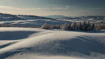 Blankets of snow on winter landscape background