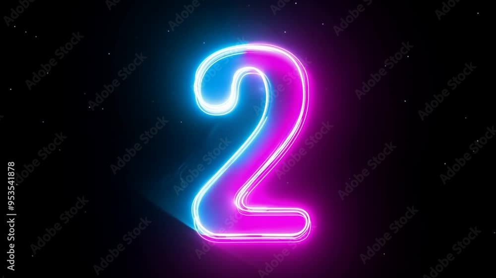 Poster vibrant neon number two glowing in dark setting with colorful lights generative ai