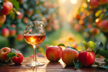 Glass of calvados on a table in the garden