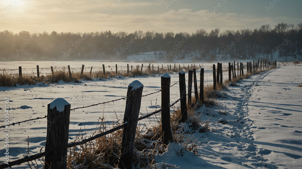 Sticker Frosty fence posts in winter landscape background