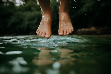 Close-up of children's wet feet dangling over the lake on a hot summer day