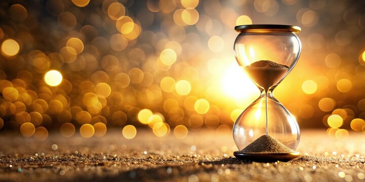 Hourglass with sand running through bulbs measuring time passing for deadline countdown on bright background, sand