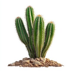 A tall cactus with spines is standing in a rocky area