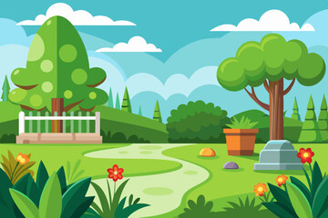 Obraz premium Landscape with a green grass garden and an open sky vector illustration 
