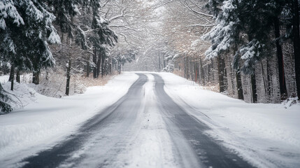 winter snow covered road, thick white snow covers smooth asphalt, footprints are faintly visible on the snow surface, trees around the road are covered with snow, Ai generated images