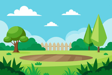 Obraz premium Landscape with a green grass garden and an open sky vector illustration 