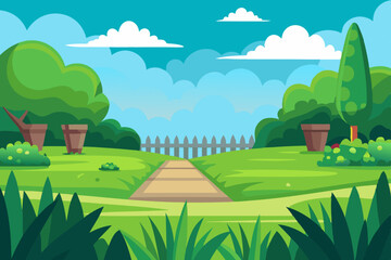 Obraz premium Landscape with a green grass garden and an open sky vector illustration 