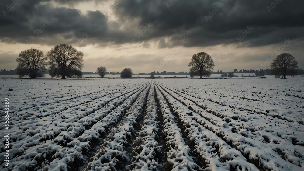 Sticker Snow covered fields under grey sky winter landscape background