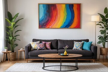 Stylish contrast living room interior with comfortable dark sofa, wooden table, colorful art frame on the wall with copy space.