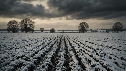 Obraz premium Snow covered fields under grey sky winter landscape background