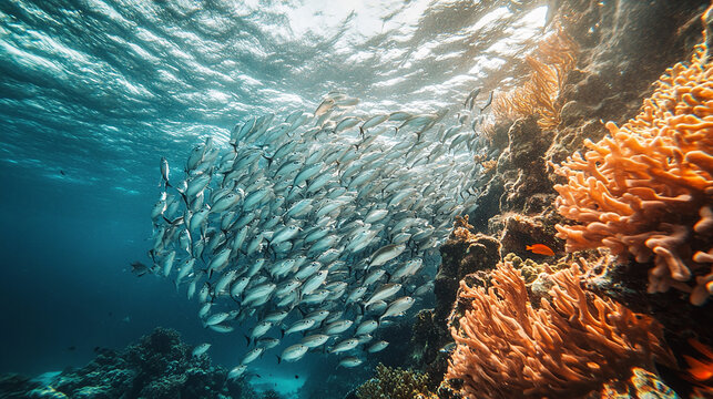 underview school of fish with coral reef