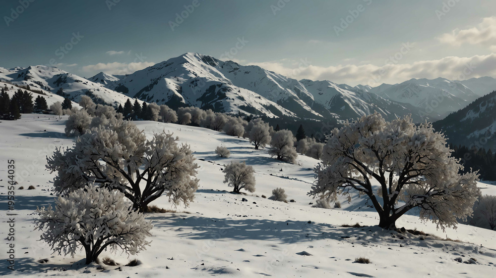 Wall mural Snow covered hillsides in winter landscape background