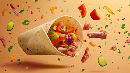 Flying falling tortilla, a delicious Mexican ingredient, representing a tasty and spicy cuisine, as a traditional meal or snack, with a white taco background, made of corn