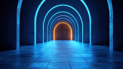 Fototapeta premium A captivating corridor with glowing arches in blue and orange, creating a futuristic and immersive atmosphere.