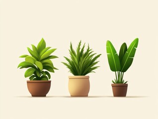 Three potted houseplants in different decorative pots against a light background. Perfect for home decor and interior design inspiration.