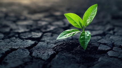 Young sapling emerging from cracked ground, symbolizing hope and resilience in harsh environmental conditions