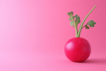 A radish is sitting on a pink background